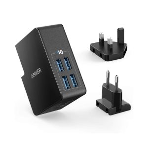 Anker PowerPort 4 Lite with Interchangeable UK and EU Travel Charger Black