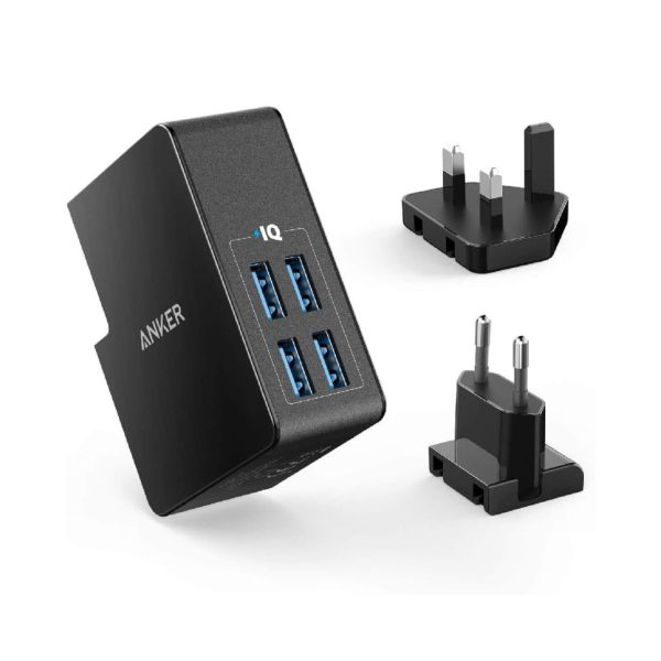 Anker PowerPort 4 Lite with Interchangeable UK and EU Travel Charger Black
