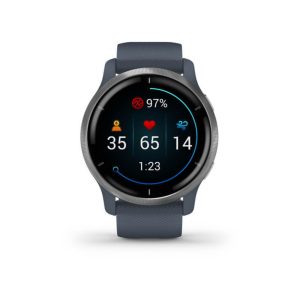 Garmin Venu? 2S Silver stainless steel bezel with granite blue case and silicone band