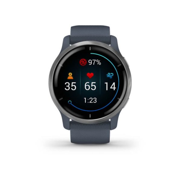 Garmin Venu? 2S Silver stainless steel bezel with granite blue case and silicone band
