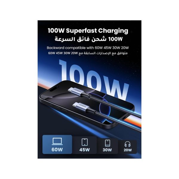 UGreen Usb C To Usb C 100W Braided Cable 1M Black (2)